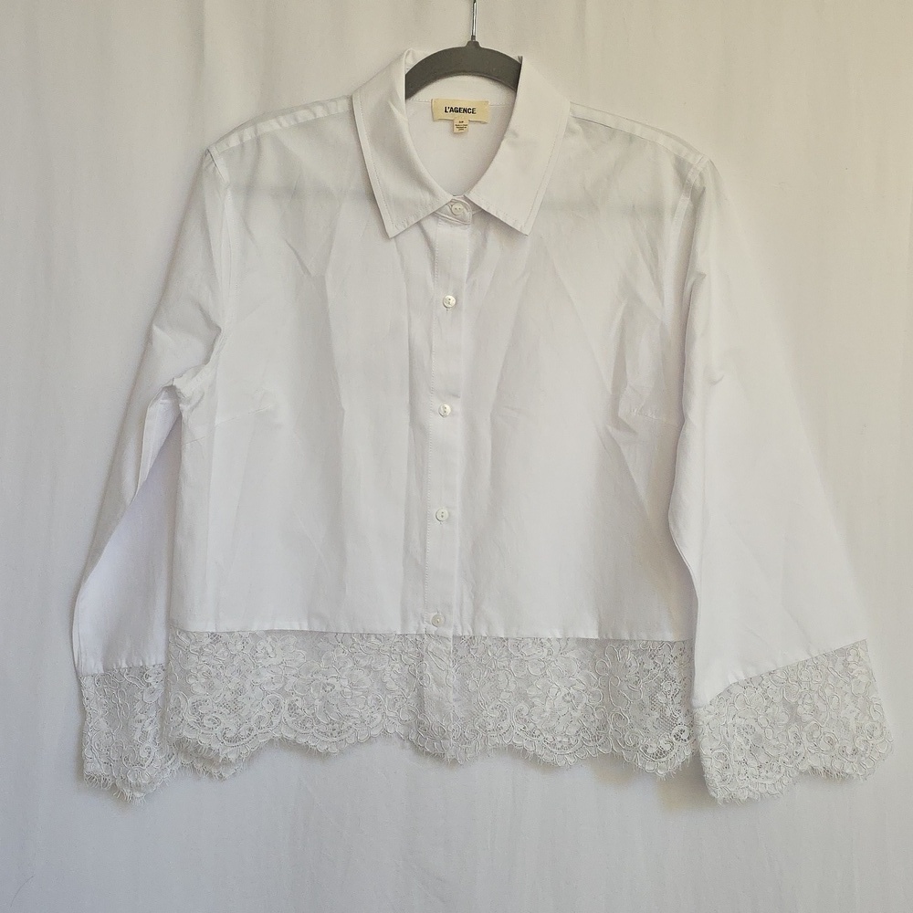 L'Agence White Blouse With Lace Hem And Cuffs.  Size Small Petite